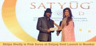 Shilpa Shetty in Designer Pink Saree with Raj Kundra at Satyug Gold Launch in Mumbai