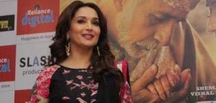 Bollywood Actress Madhuri Dixit at Ahmedabad in Black Anarkali Suits for Movie Promotion