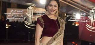 Madhuri Dixit in Shimmery Lehenga Saree with Maroon Velvet Blouse at the Marrakech Film Festival 2015